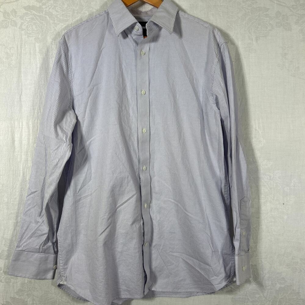 Banana Republic Button Up Large Purple White Mini Stripe Slim Fit Cotton Stretch
